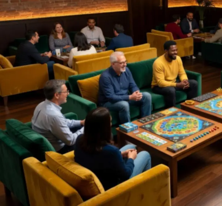 Ambiance chaleureuse dans la salle de jeux avec des tables et joueurs concentr&eacute;s