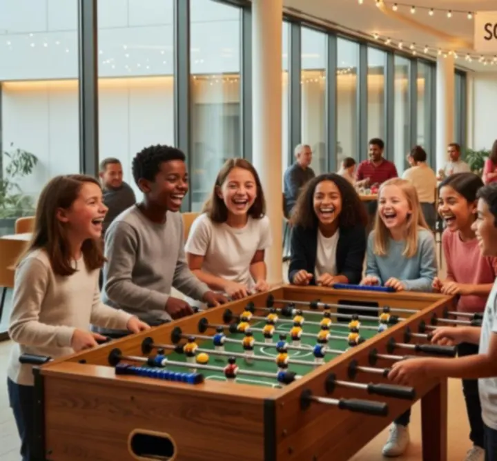 Participants réunis autour de tables de jeux dans un espace moderne et convivial