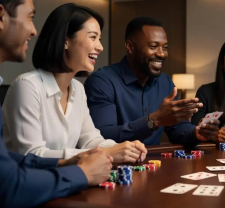 Groupe de joueurs de poker souriants autour d'une table lors d'un événement convivial