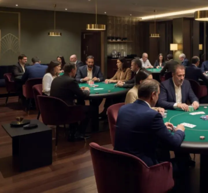 Table de poker moderne avec joueurs concentrés dans une salle élégante